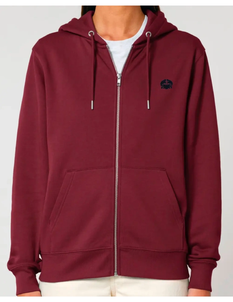 Sweat couleur bordeaux zippé brodé crabe