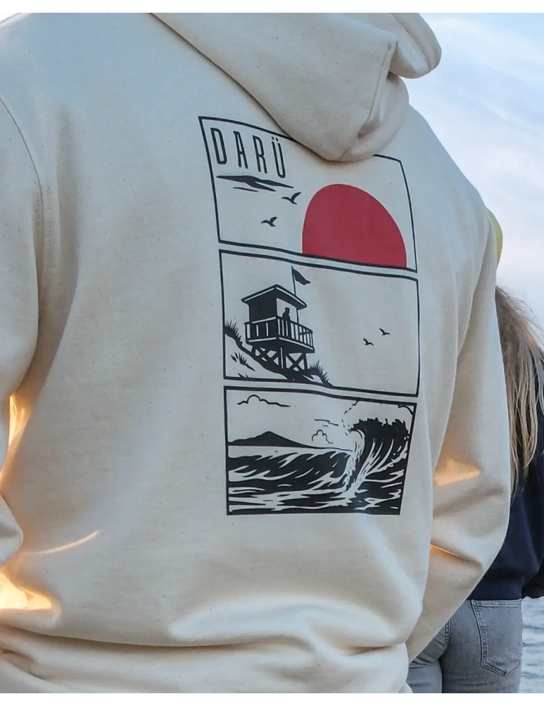 Détail illustration trio du littoral sur le sweat à capuche signé DARU Local clothing