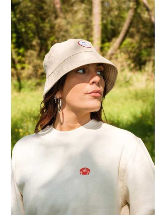 Sweat beige col rond – coton bio, broderie crabe