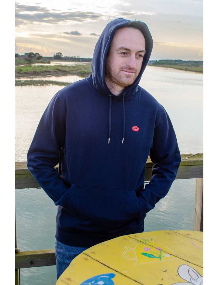 Sweat bleu capuche – logo crabe sérigraphié poitrine