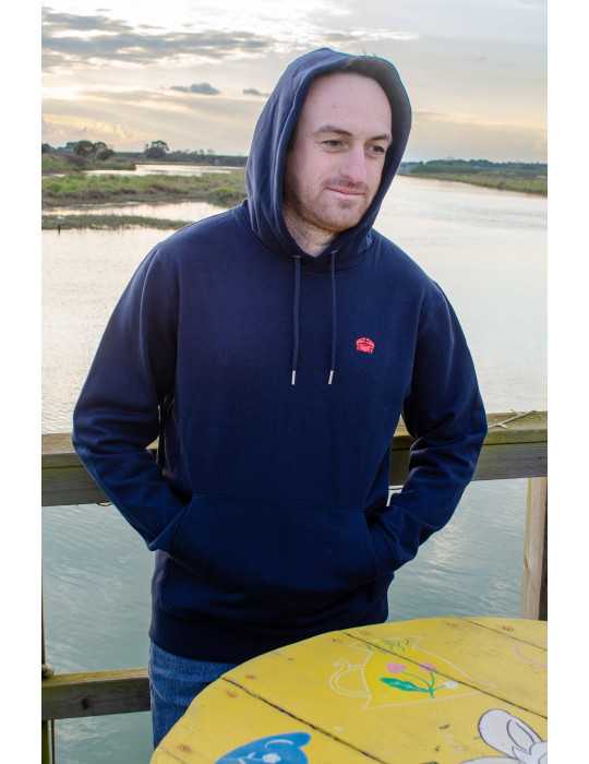 Sweat bleu capuche – logo crabe sérigraphié poitrine