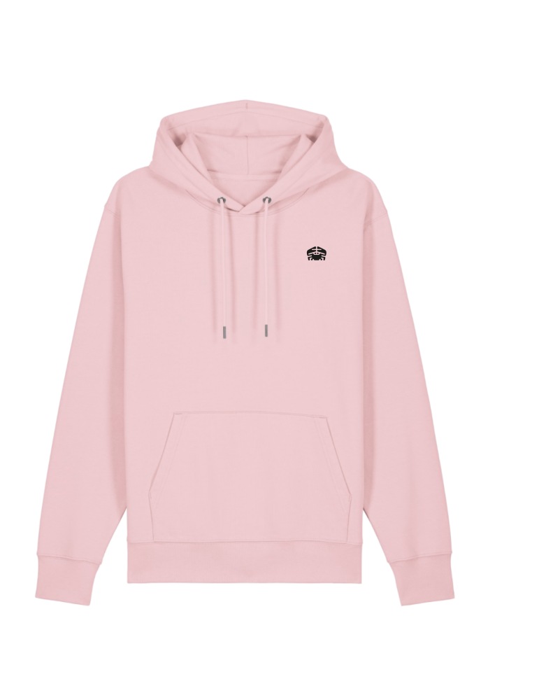 Sweat rose capuche – sérigraphie dos et cœur logo crabe