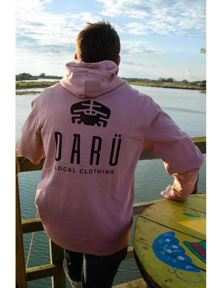 Sweat vieux  rose porté – capuche, coton bio, style côtier