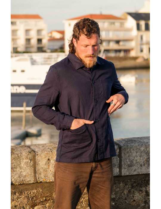 Veste worker bleu marine en coton et lin