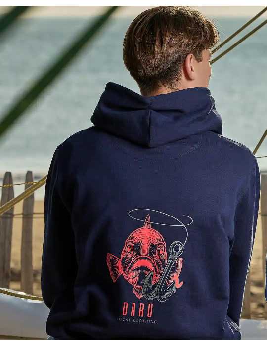 Sweat à capuche DARÜ “Tu mords ou tu files ?” bleu marine – illustration poisson & hameçon