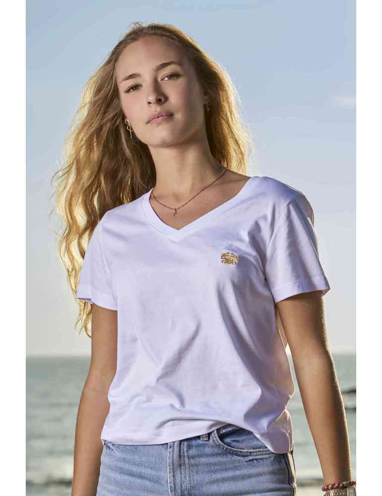 Tee shirt col V brodé en locale crabe Daru  blanc