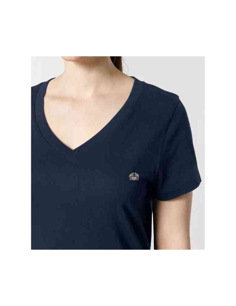 Tee shirt col V femme brodé crabe . Couleur Bleu marine