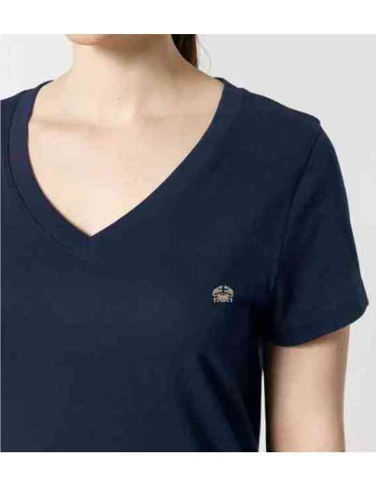 Tee shirt col V femme brodé crabe . Couleur Bleu marine