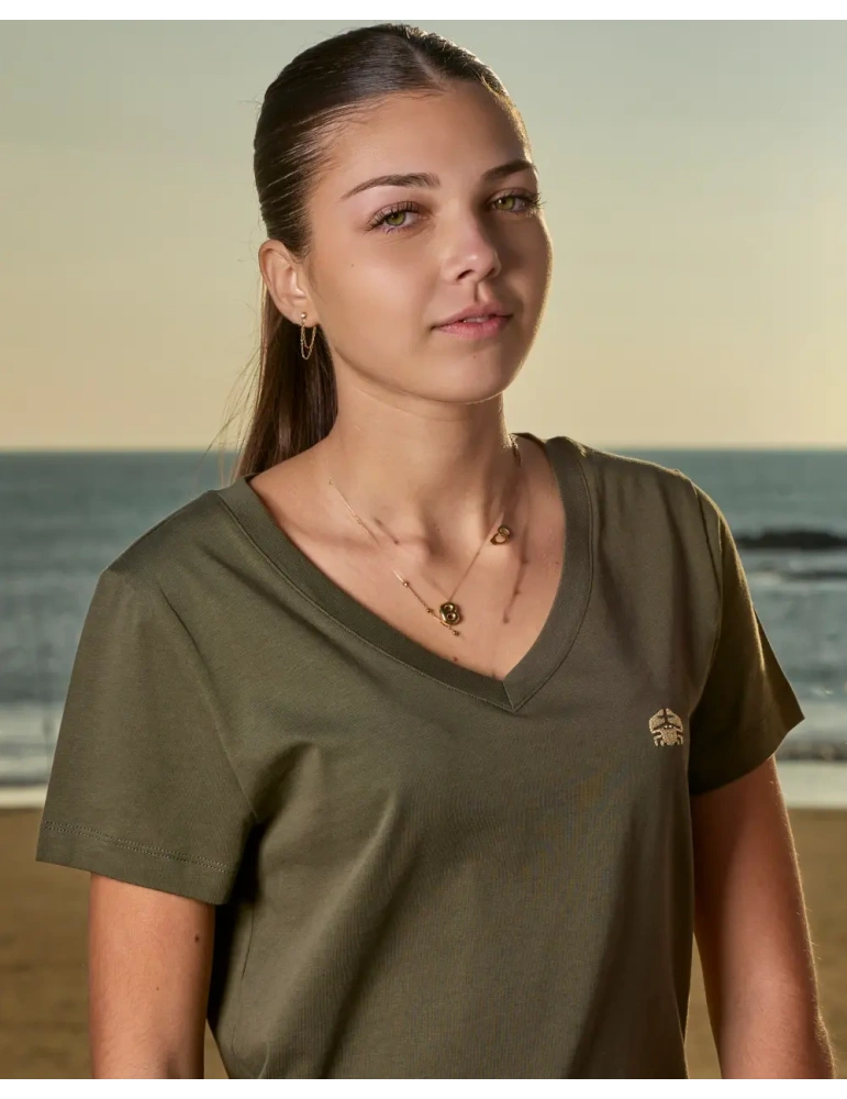 Tee-shirt femme col V coton bio – Broderie Vendée DARÜ
